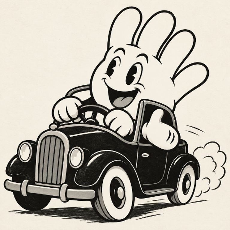 The glove character at the wheel, thumb out the window