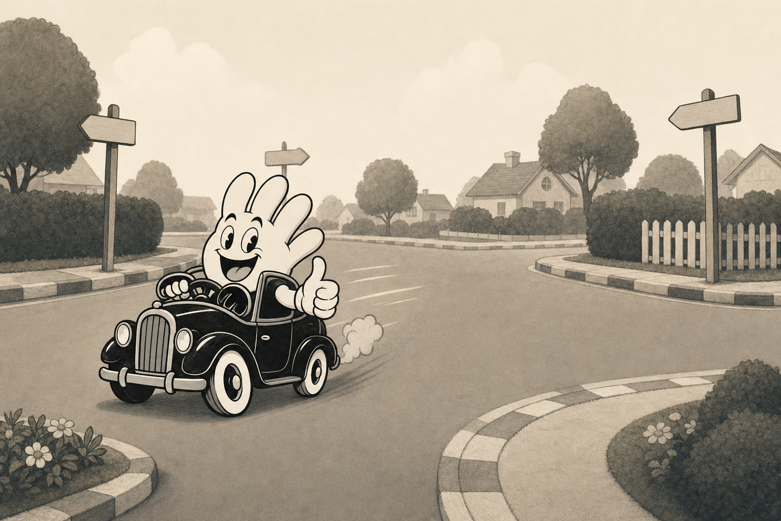 The glove character driving through a quiet suburban intersection lined with signposts