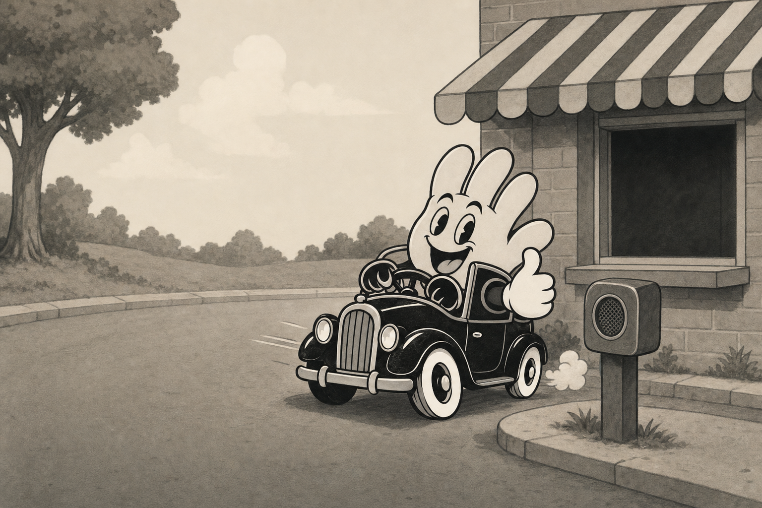 The glove character pulling up to a drive-thru speaker under a striped awning, thumb raised