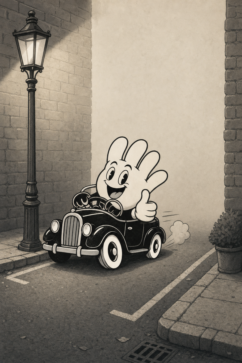 The glove character easing into a parking space beside a lamppost